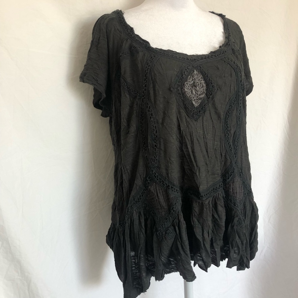 Fairy Deep Green Short Sleeve Lace Trim Women's Top